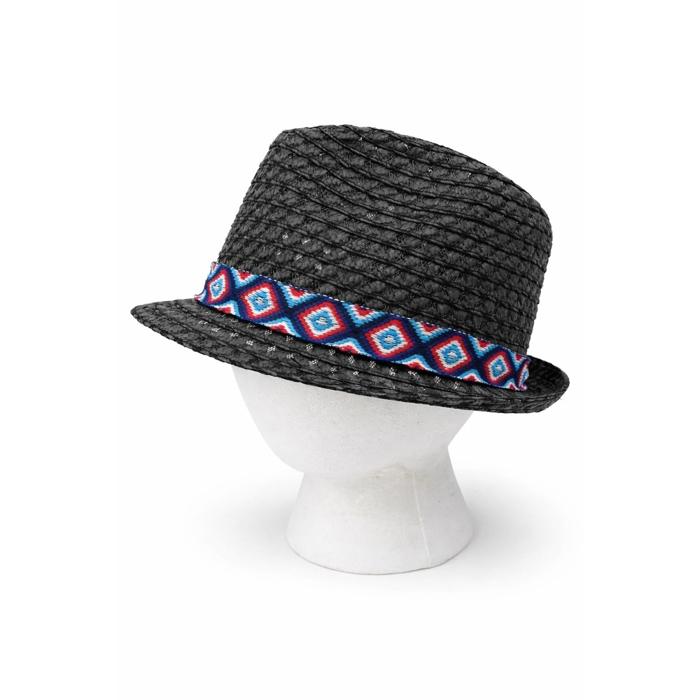 Unbranded Womens Trilby Style Sun Hat One Size Black Paper Aztec Print Hatband